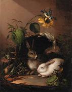 Two rabbits in an upturned basket with a blue tit on a sunflower Carl Johann Lasch